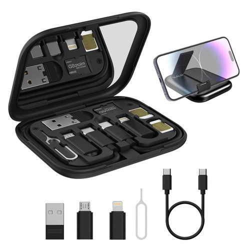 Universal charging cable adapters organized inside portable case