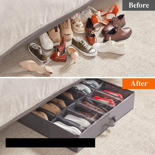 12-Grid Under-Bed Shoe Organizer with Transparent Cover
