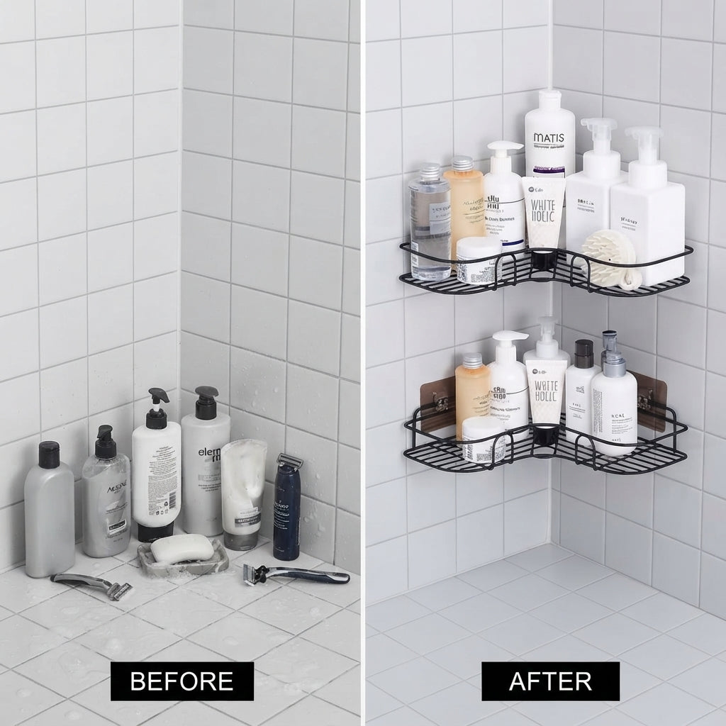 Black Stainless Steel Corner Bathroom Shelf – No Drill