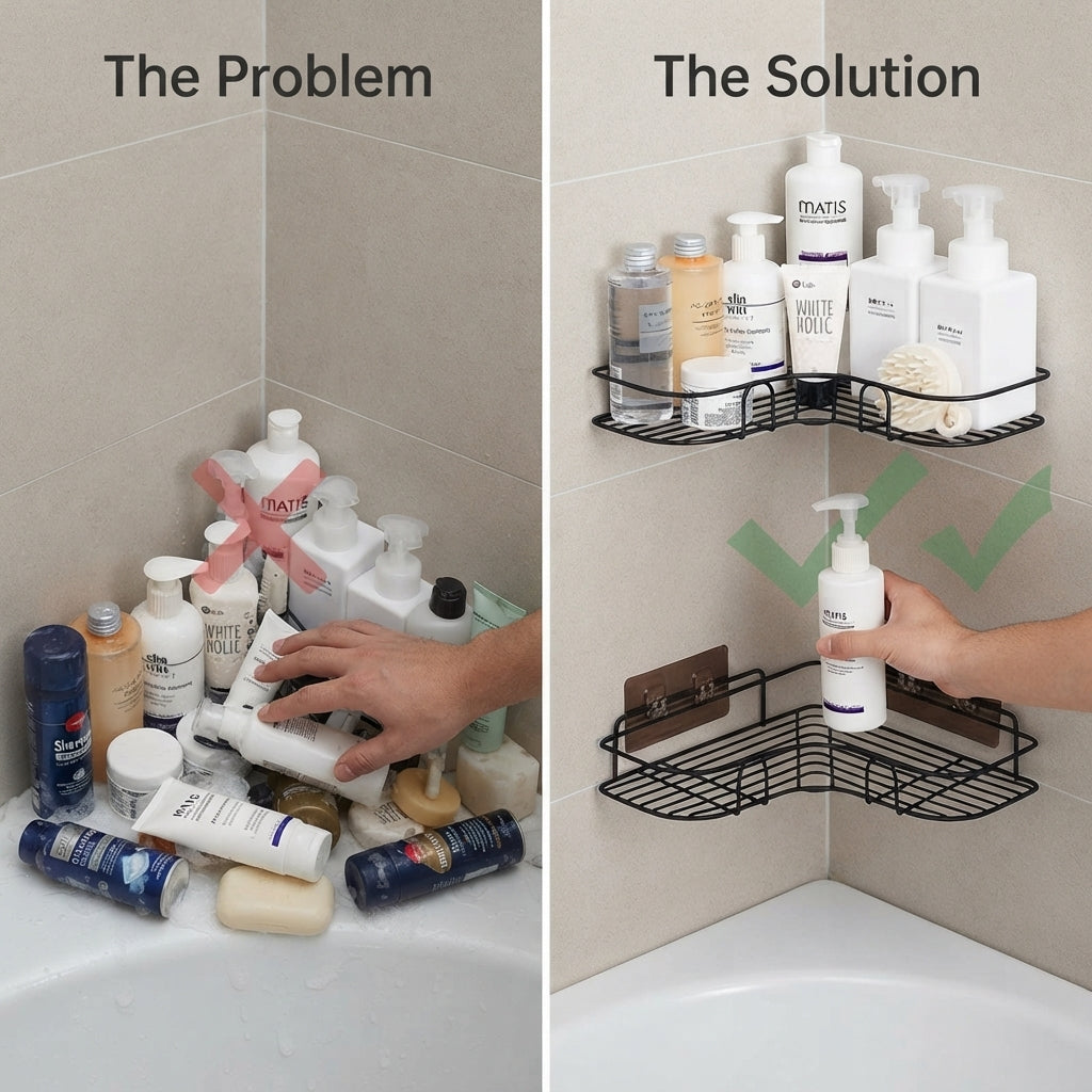 Black Stainless Steel Corner Bathroom Shelf – No Drill