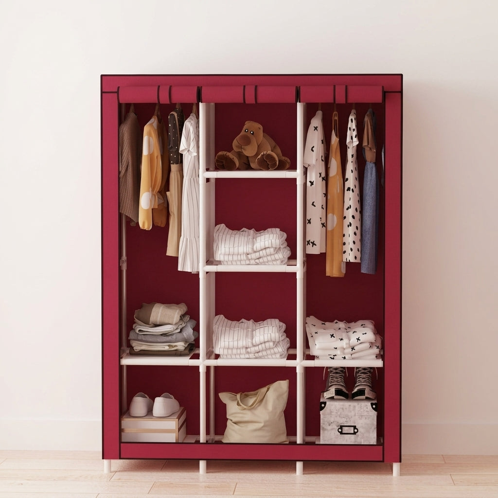 3-Door Clothes Storage Wardrobe Organizer – Red & Black