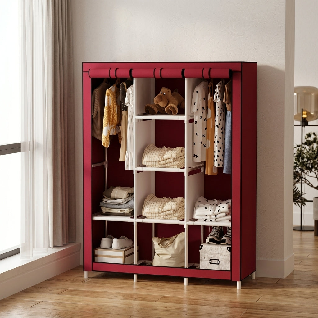 3-Door Clothes Storage Wardrobe Organizer – Red & Black