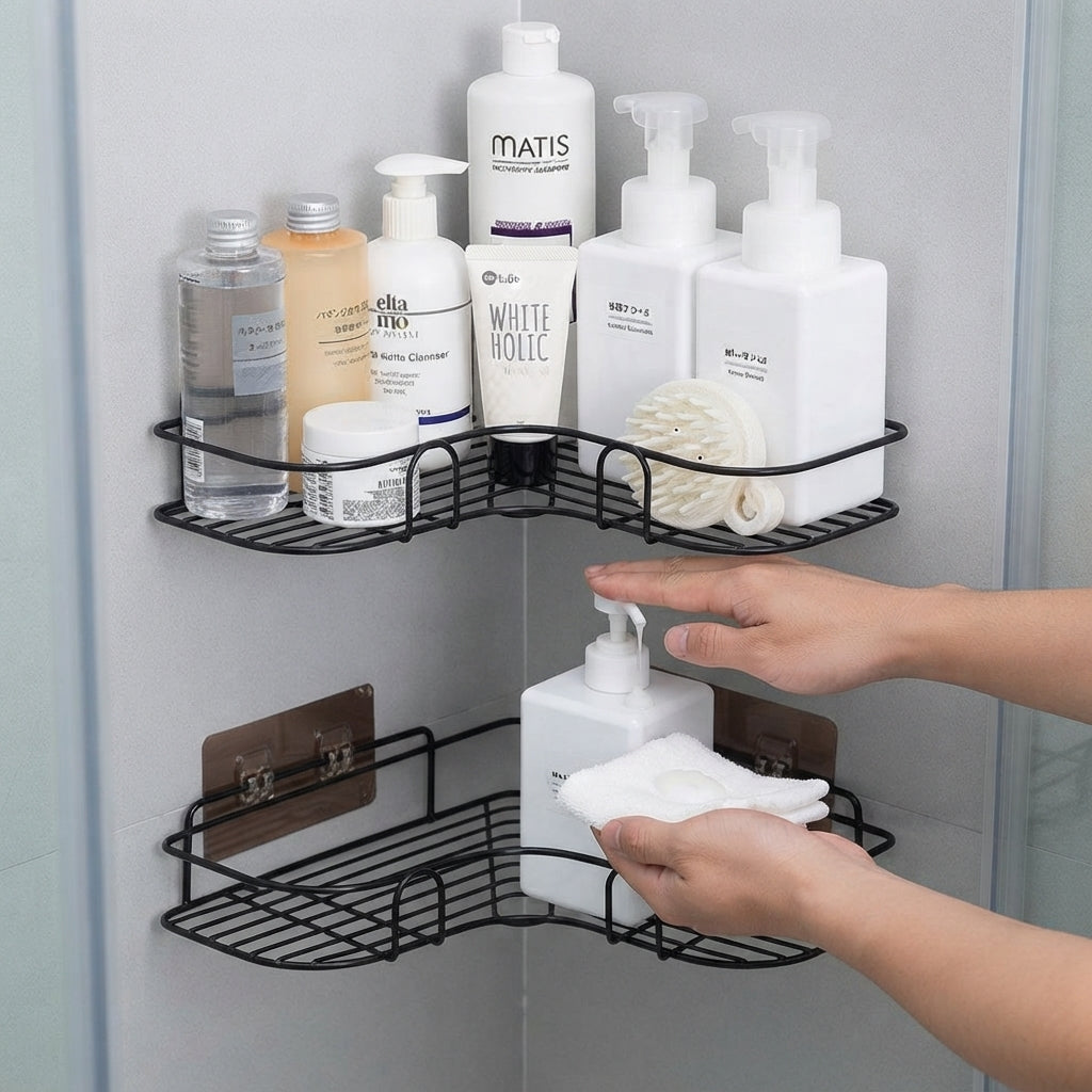 Black Stainless Steel Corner Bathroom Shelf – No Drill | SBZONE Pakistan