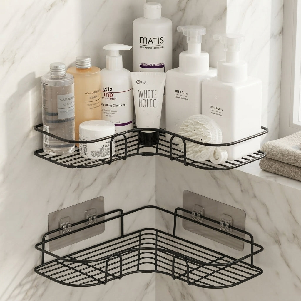 Black Stainless Steel Corner Bathroom Shelf – No Drill