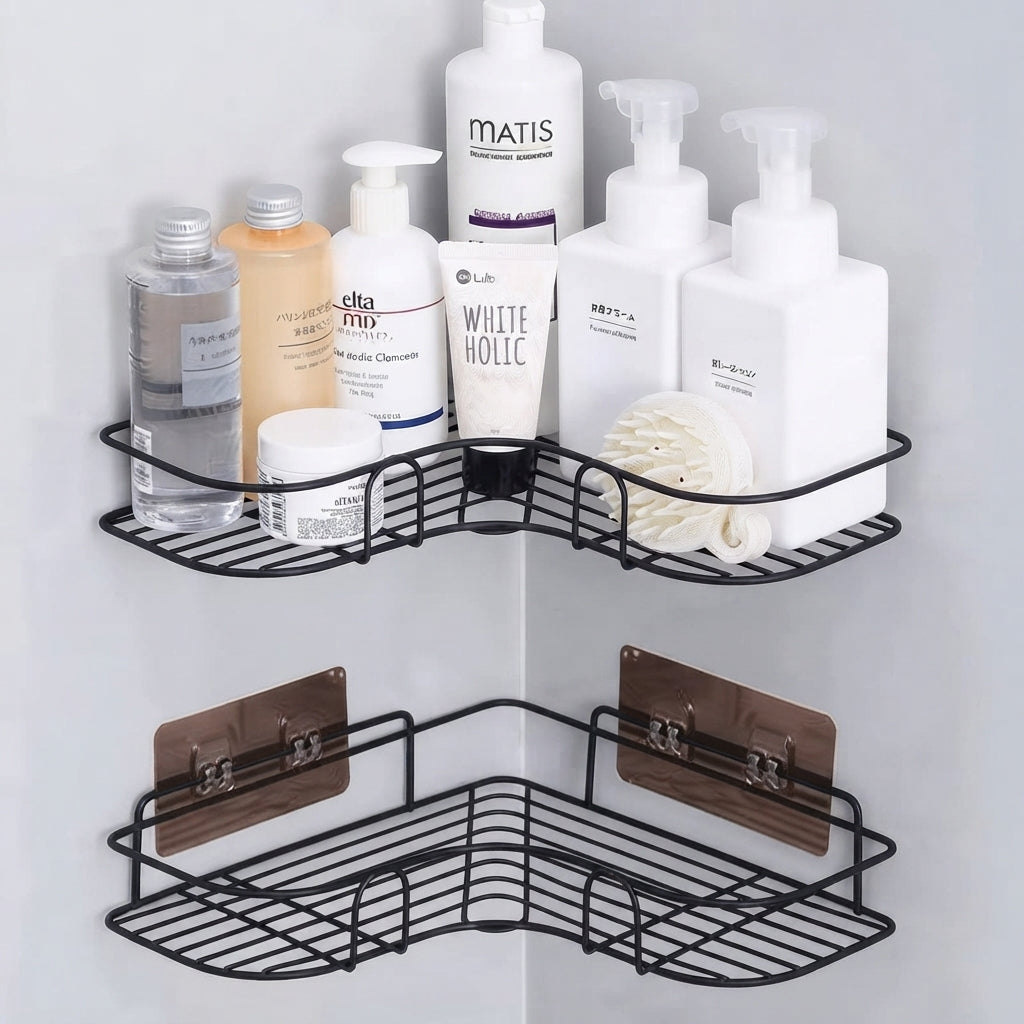 Black Stainless Steel Corner Bathroom Shelf – No Drill