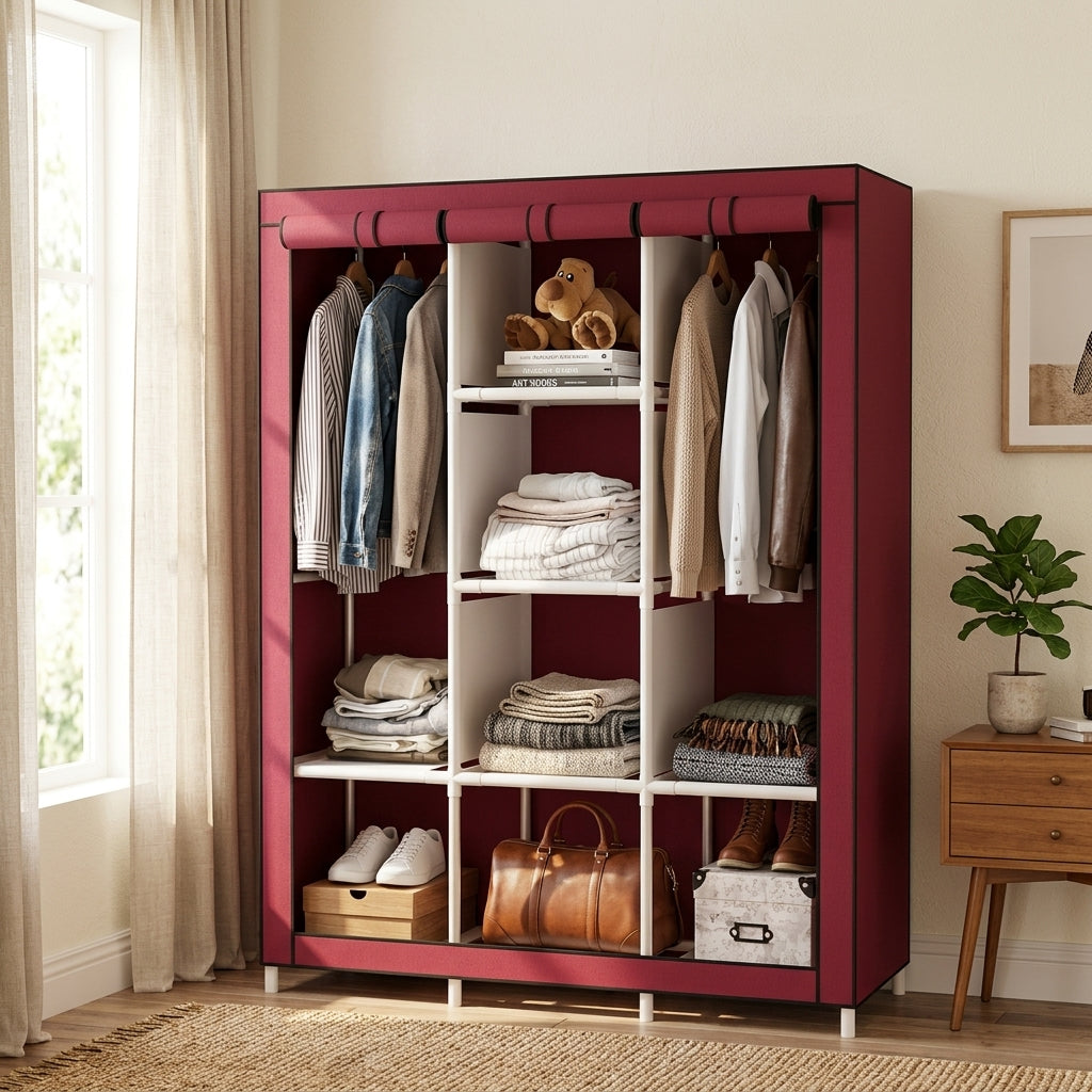 3-Door Clothes Storage Wardrobe Organizer – Red & Black