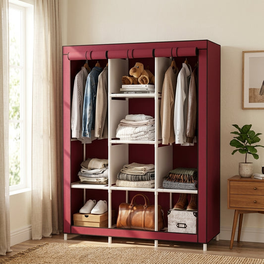 3-Door Clothes Storage Wardrobe Organizer – Red & Black
