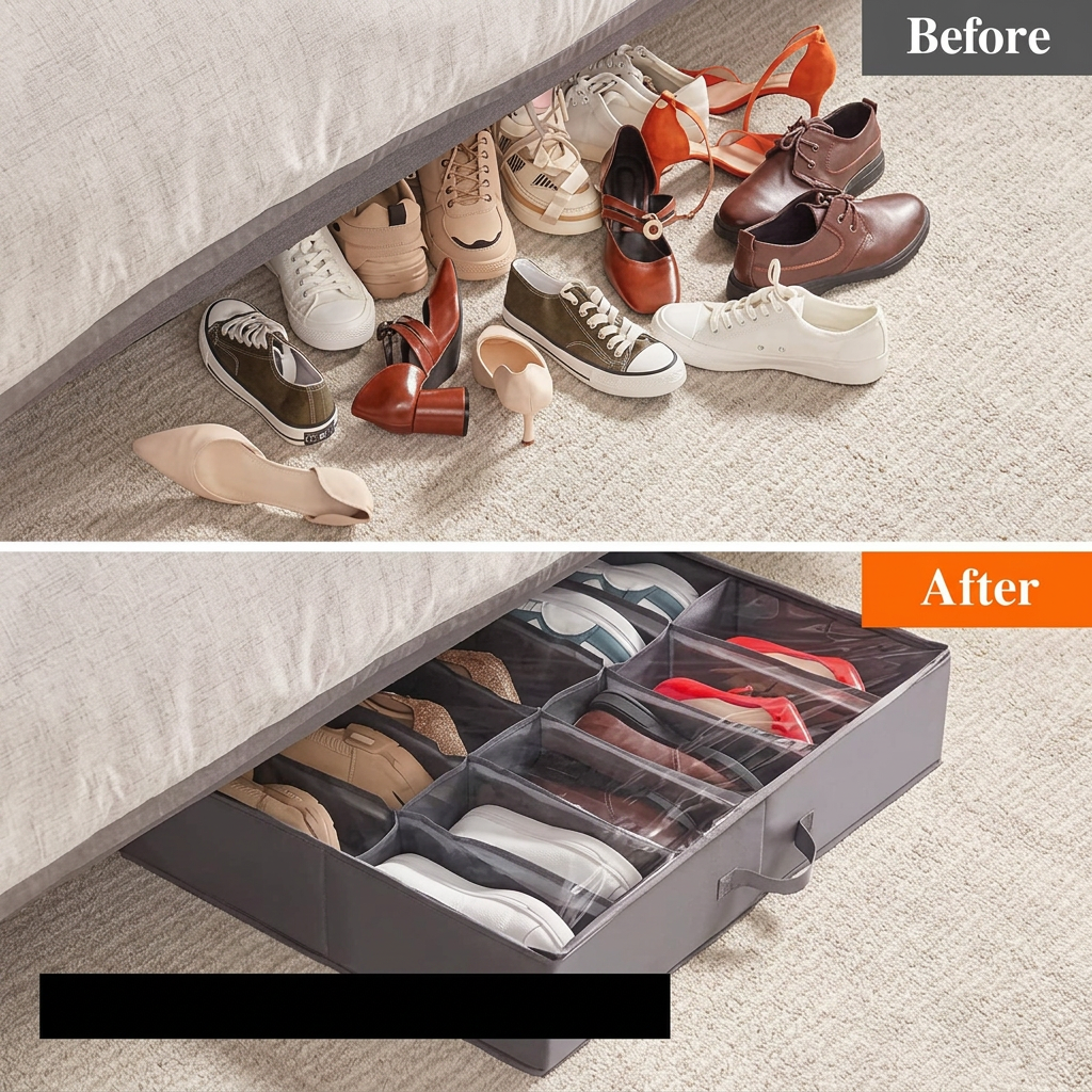 12-Grid Under-Bed Shoe Organizer with Transparent Cover