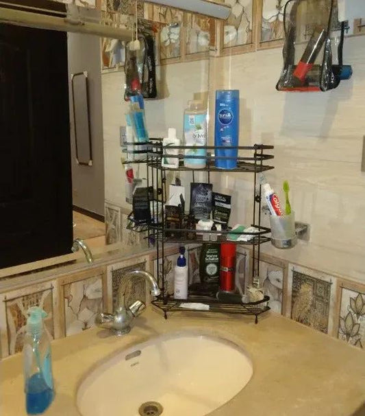 Three-tier black iron bathroom corner shelf
