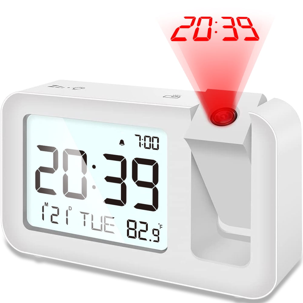 Projection alarm clock displaying time on ceiling