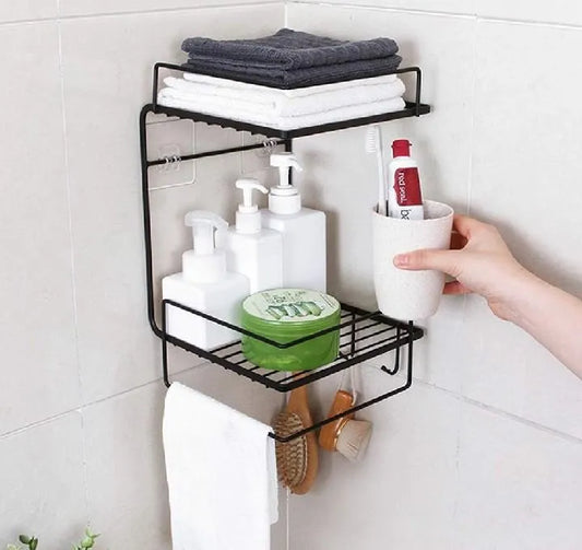Black two-tier stainless steel bathroom organizer